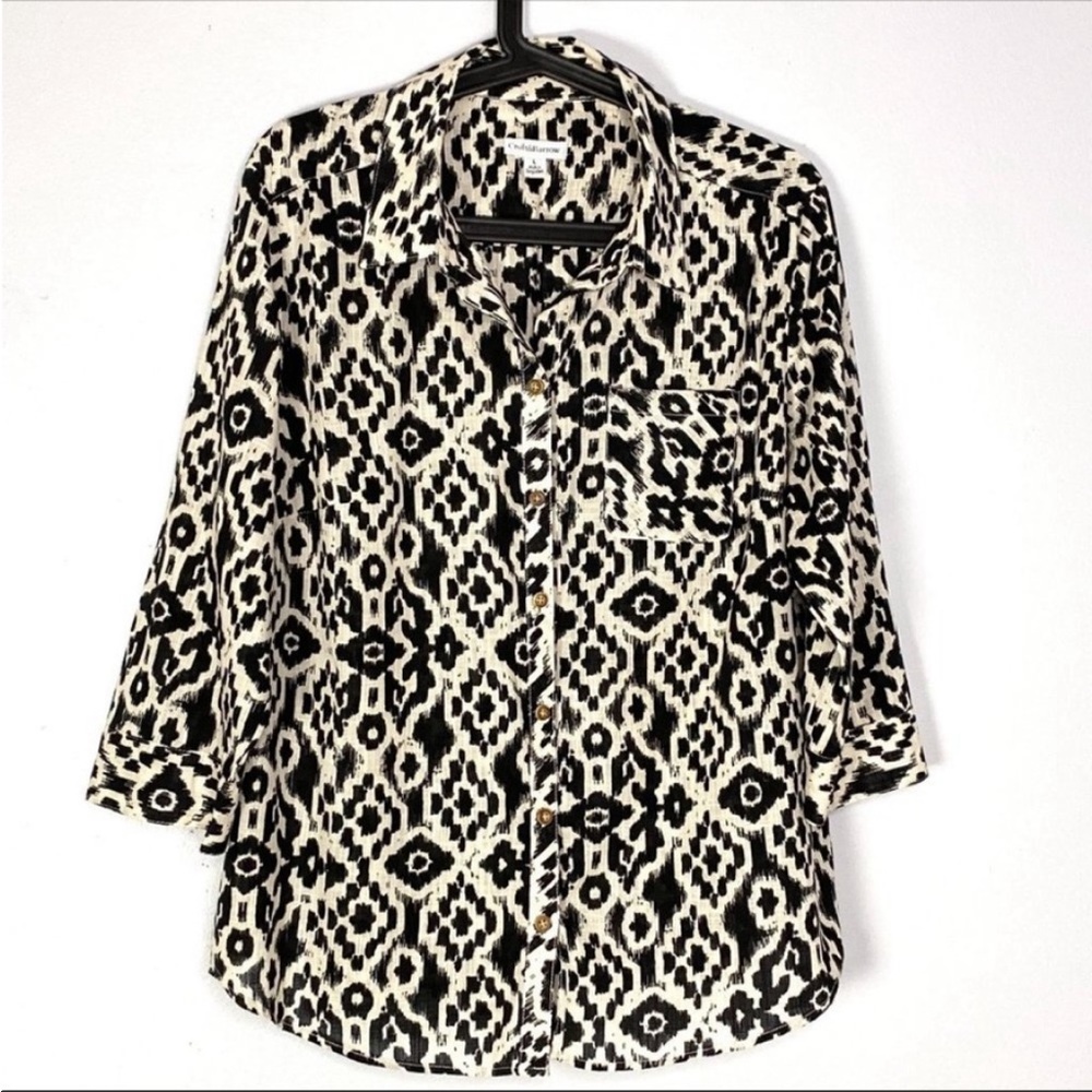 NWOT Croft & Barrow 3/4 Sleeve Button Down Top L Cream Cotton Southwestern Aztec